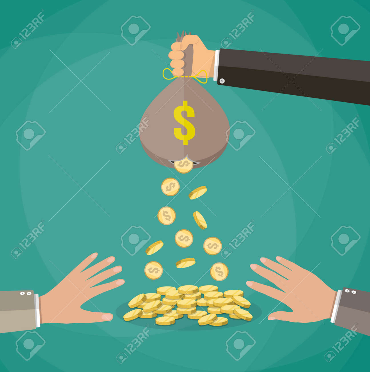 Cartoon Businessman Hand Holding Money Bag And Losing Golden Coins That Poured Out From A Hole In The Bag Other Hands Trying To Steal Fallen Money - 